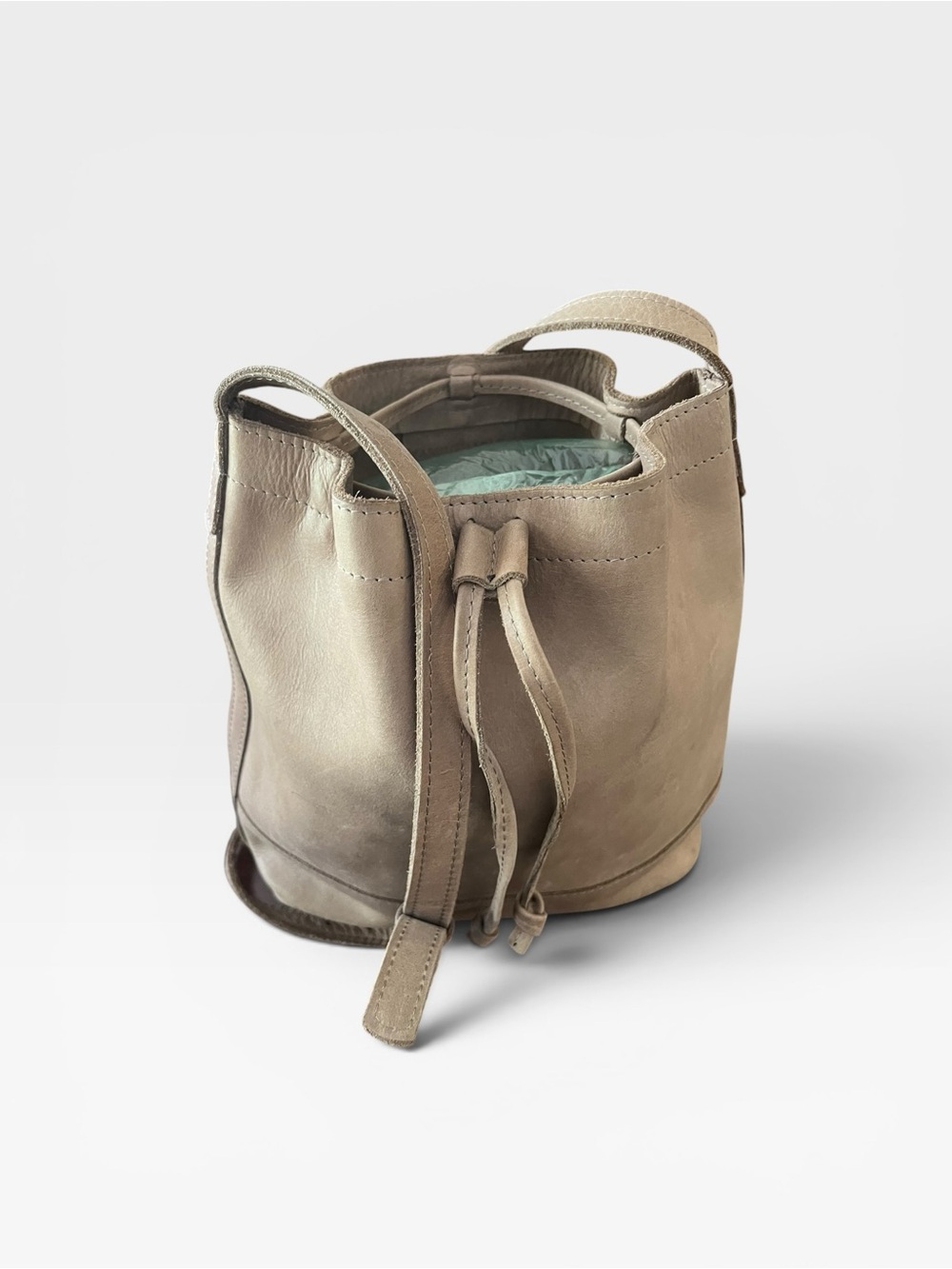 ABLE FashionABLE Gray Taupe Leather Bucket Bag Crossbody Purse Ethiopia - Picture 8 of 13